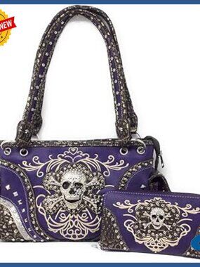 Genuine Leather Rhinestone Skull Satchel Handbag with Matching Wallet